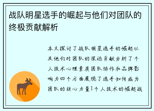 战队明星选手的崛起与他们对团队的终极贡献解析