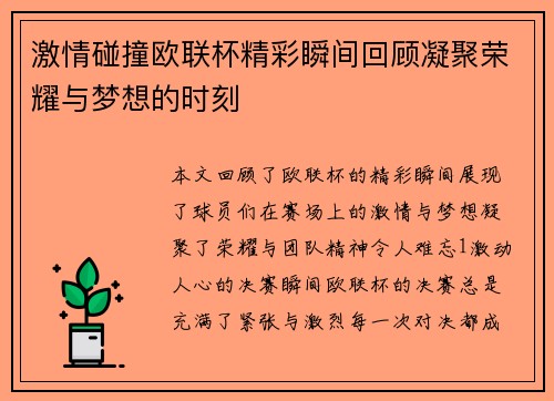 激情碰撞欧联杯精彩瞬间回顾凝聚荣耀与梦想的时刻