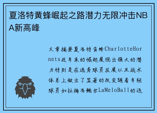 夏洛特黄蜂崛起之路潜力无限冲击NBA新高峰